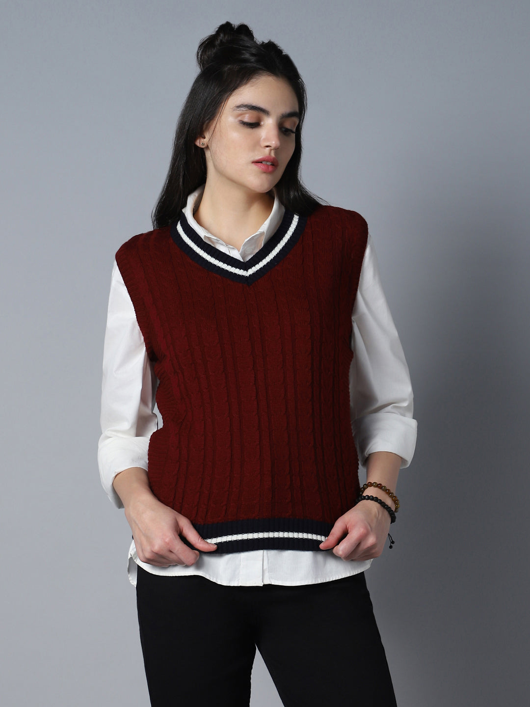 Cable Knit V-Neck Sleeveless Acrylic Sweater Vest