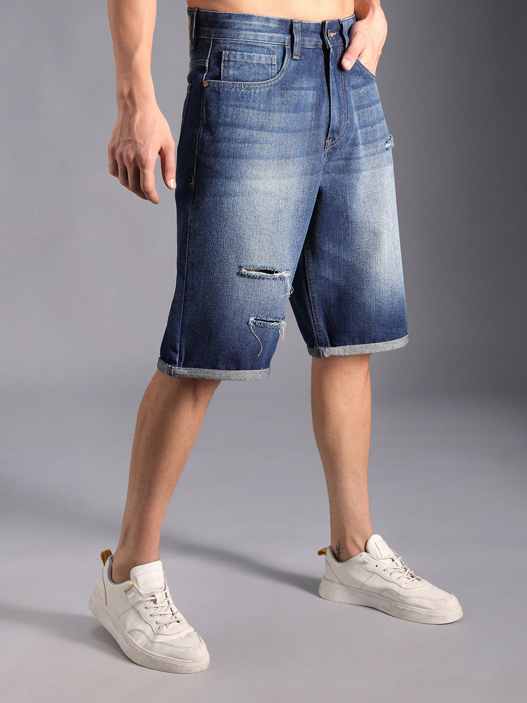 Men Washed Mid-Rise Distressed Cotton Denim Shorts