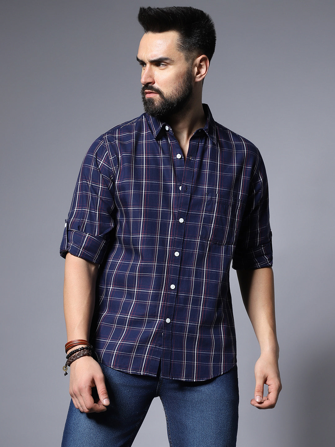 Classic Checked Roll-Up Sleeves Pure Cotton Casual Shirt