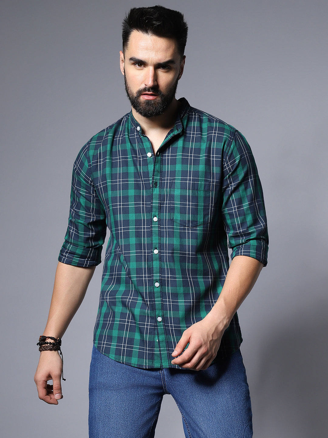 Grid Tattersall Checked Cotton Spread Collar Opaque Cotton Casual Shirt