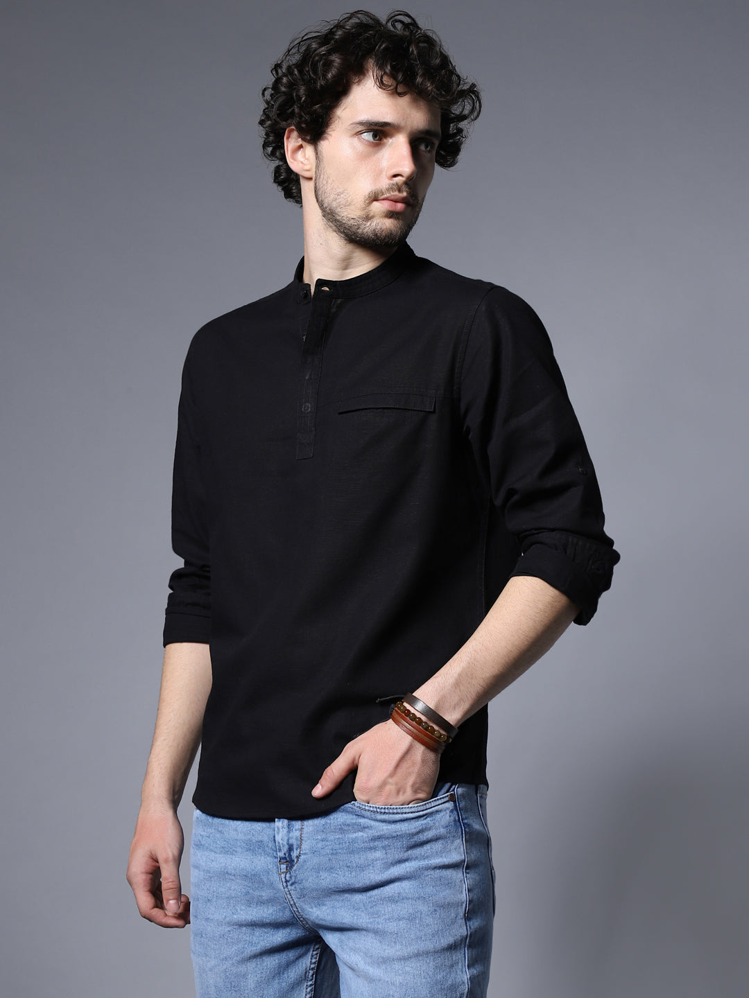 Classic Mandarin Collar Roll-Up Sleeves Pure Cotton Casual Shirt