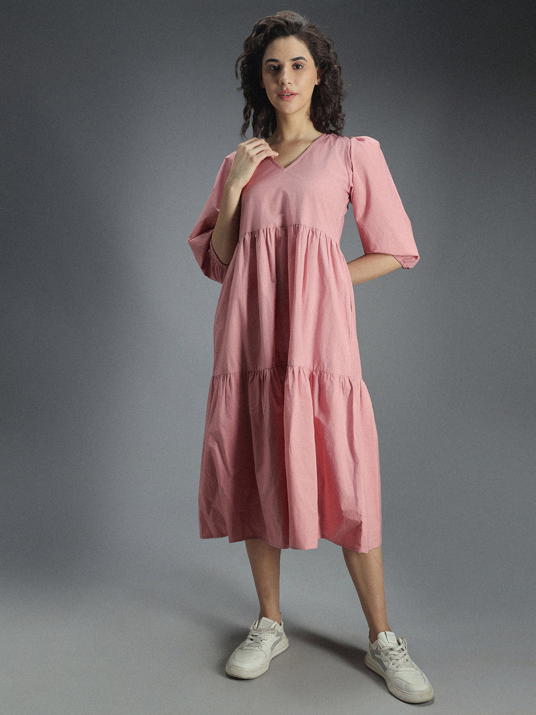 V-Neck Puff Sleeve Gathered Tiered Cotton A-Line Midi Dress