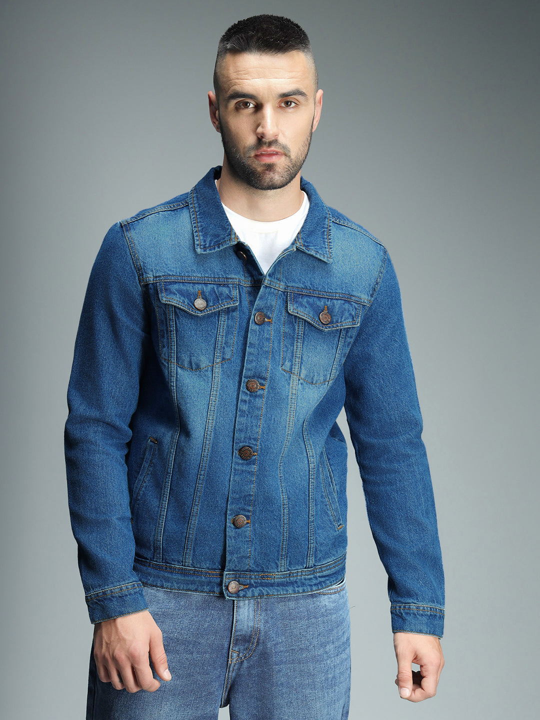 Spread Collar Long Sleeves Cotton Denim Jacket