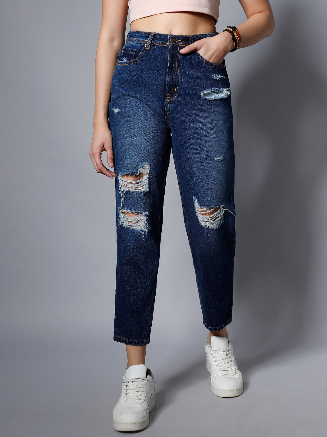 Women Blue High-Rise Highly Distressed Light Fade Jeans