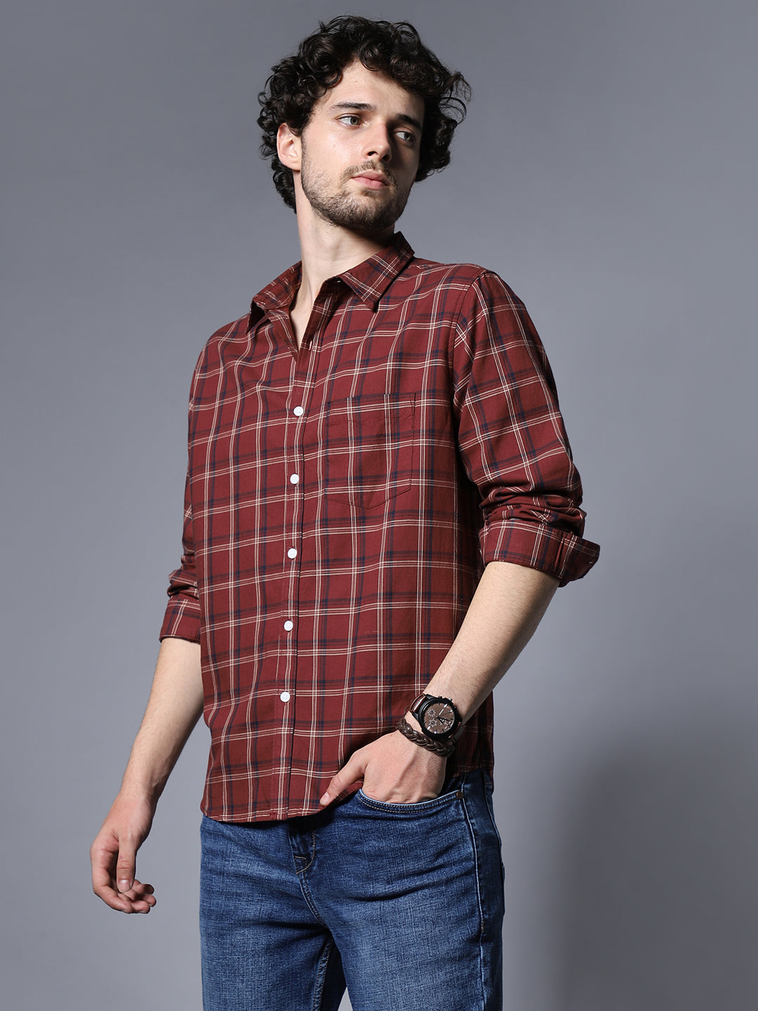 Classic Regular Fit Grid Tarttersall Checked Opaque Cotton Casual Shirt