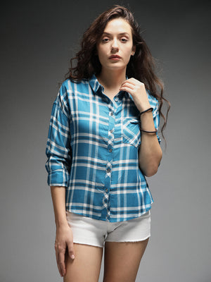 Standard Tartan Checks Spread Collar Long Sleeves Cotton Casual Shirt