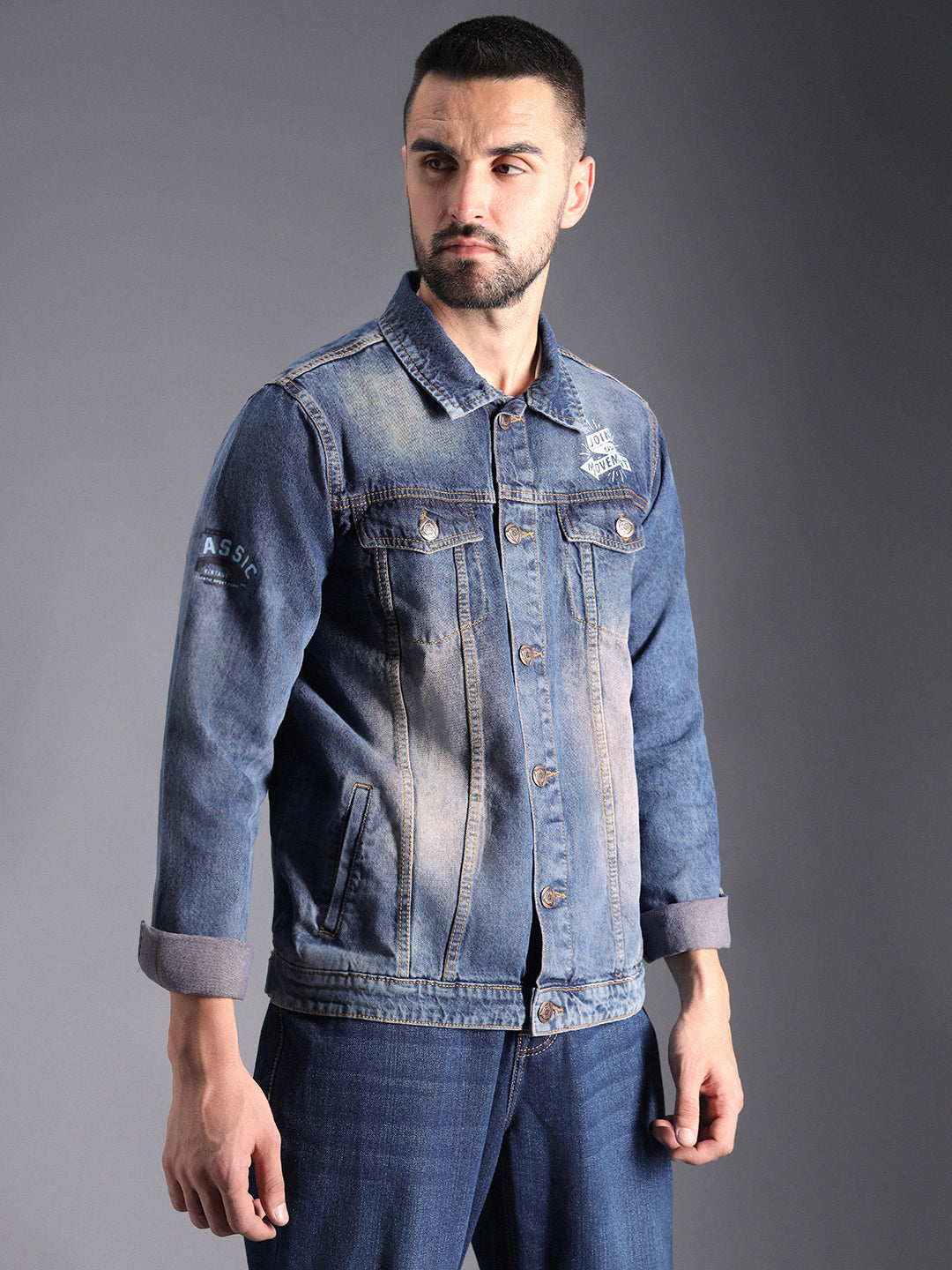 Washed Spread Collar Long Sleeves Denim Jacket