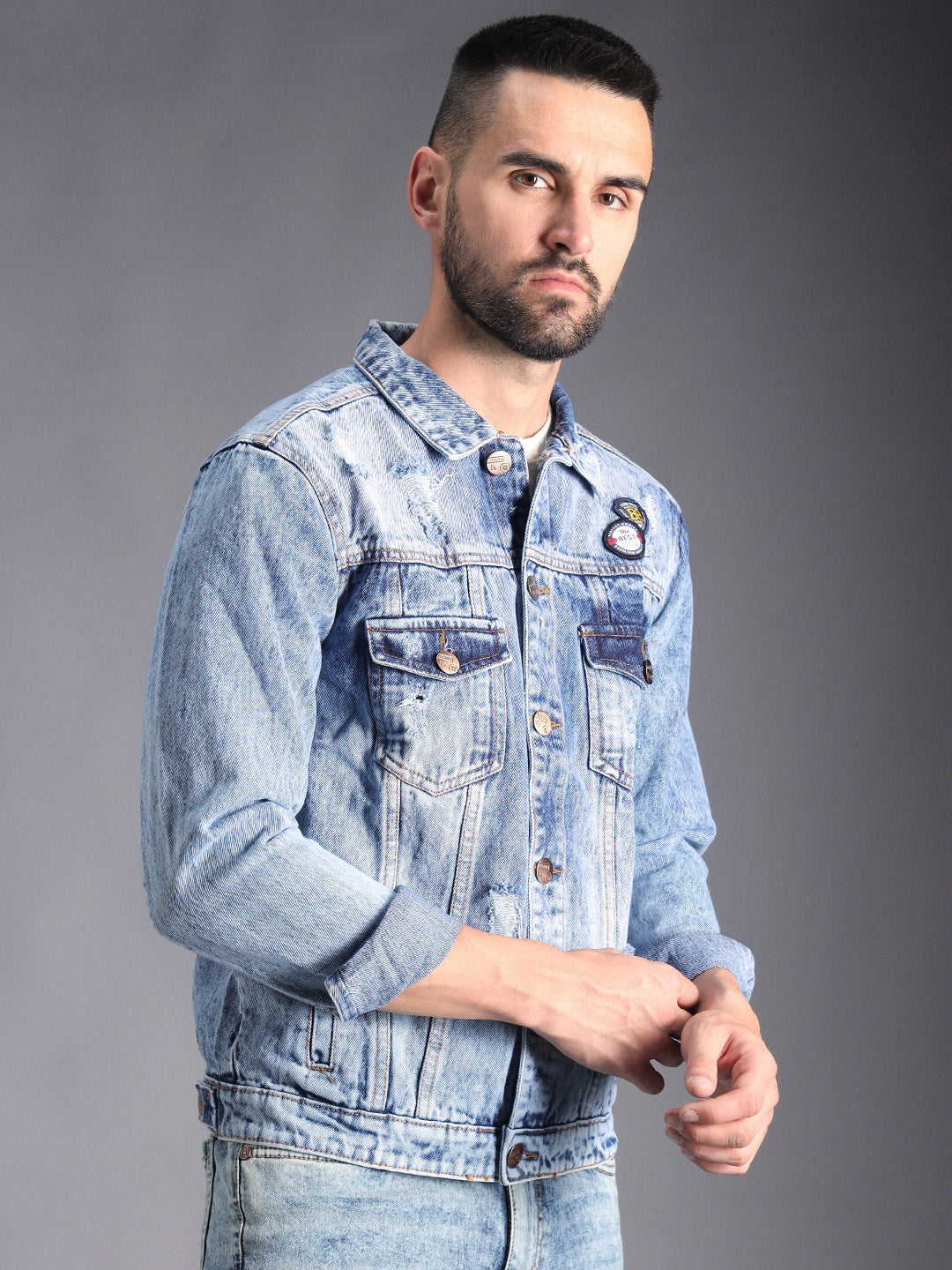 Washed Spread Collar Patchwork Cotton Denim Jacket