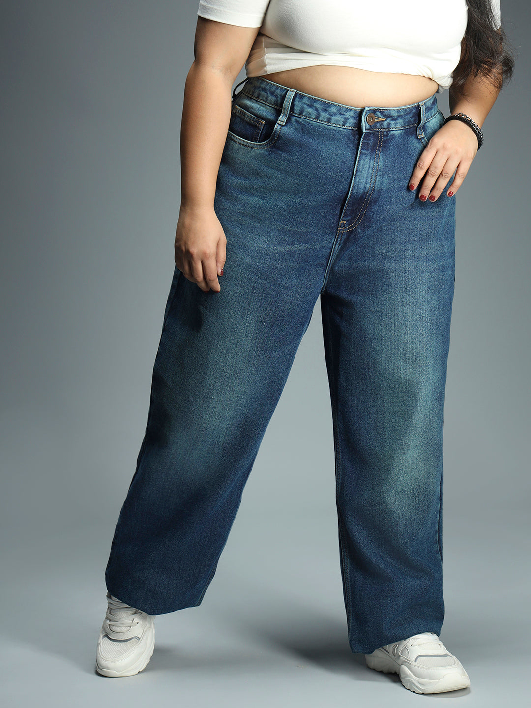 Women Plus Size 90s Straight High-Rise Pure Cotton Jeans