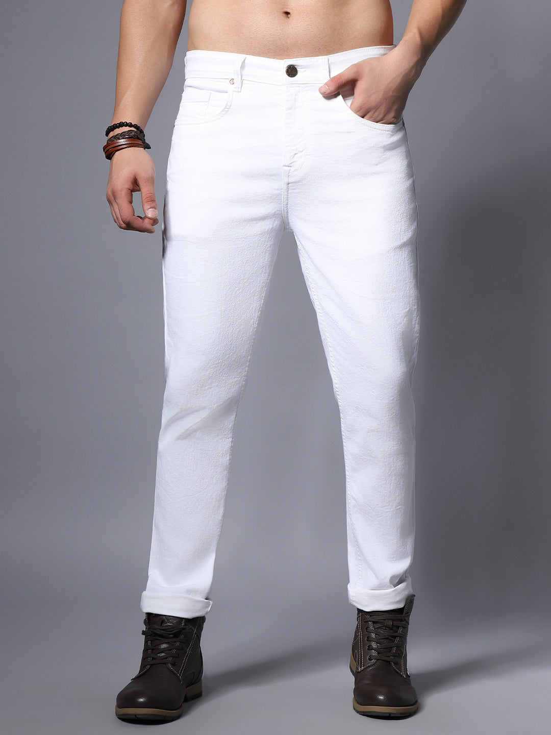 Men White Straight Fit Stretchable Jeans