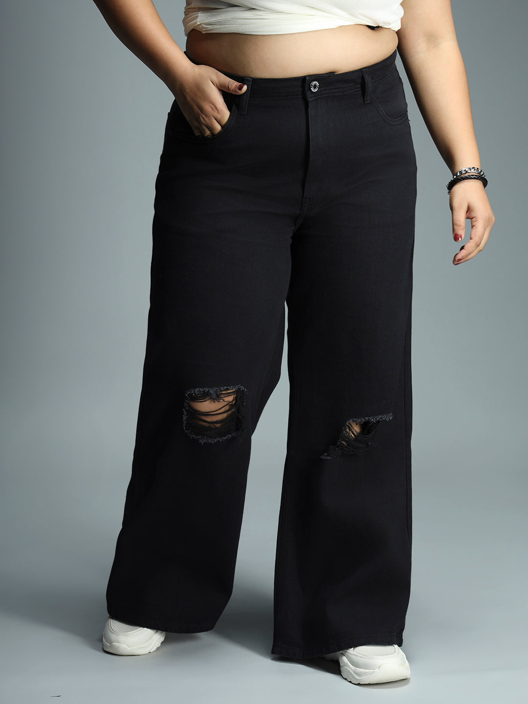 Women Wide Leg High-Rise Slash Knee Stretchable Jeans