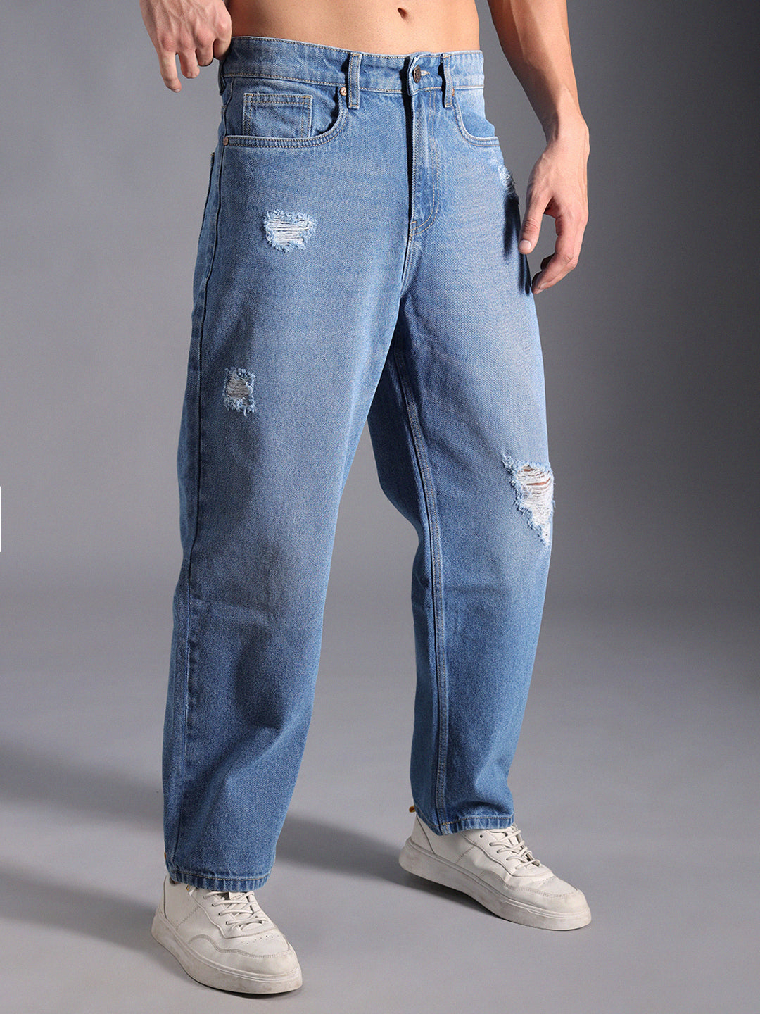 Men 90s Relaxed straight Fit Heavy Distressed Fade Cotton Jeans