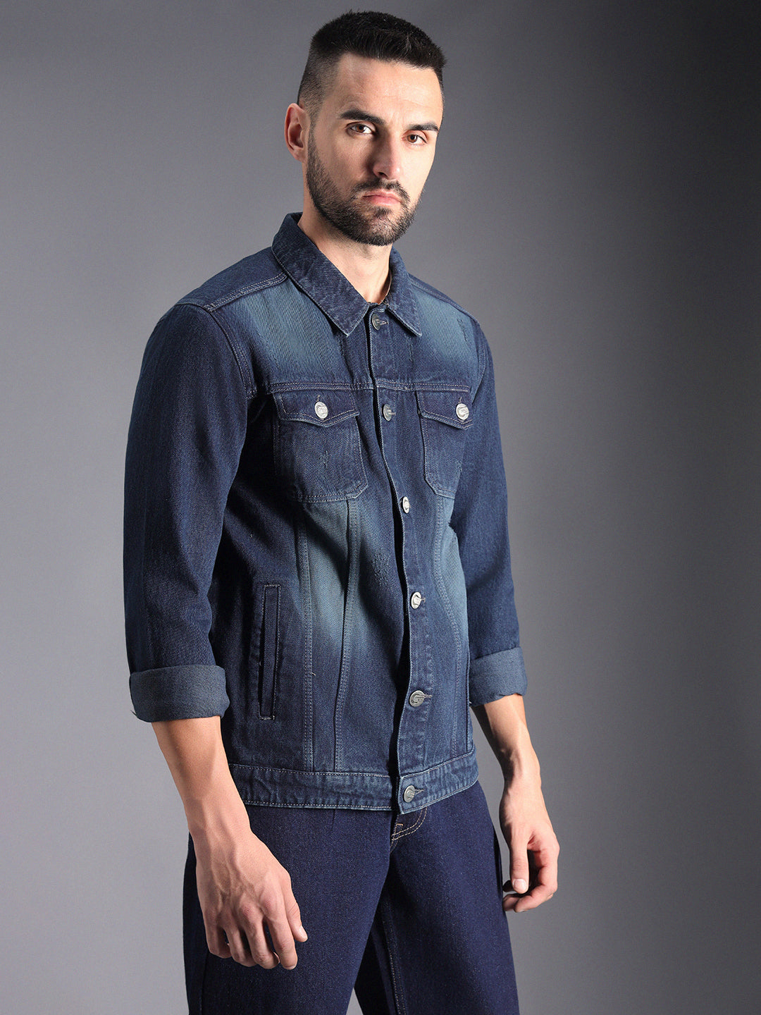 Washed Spread Collar Long Sleeves Denim Jacket