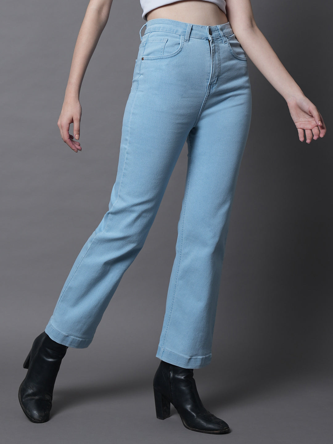 Women Blue Wide Leg High-Rise Clean Look Stretchable Jeans