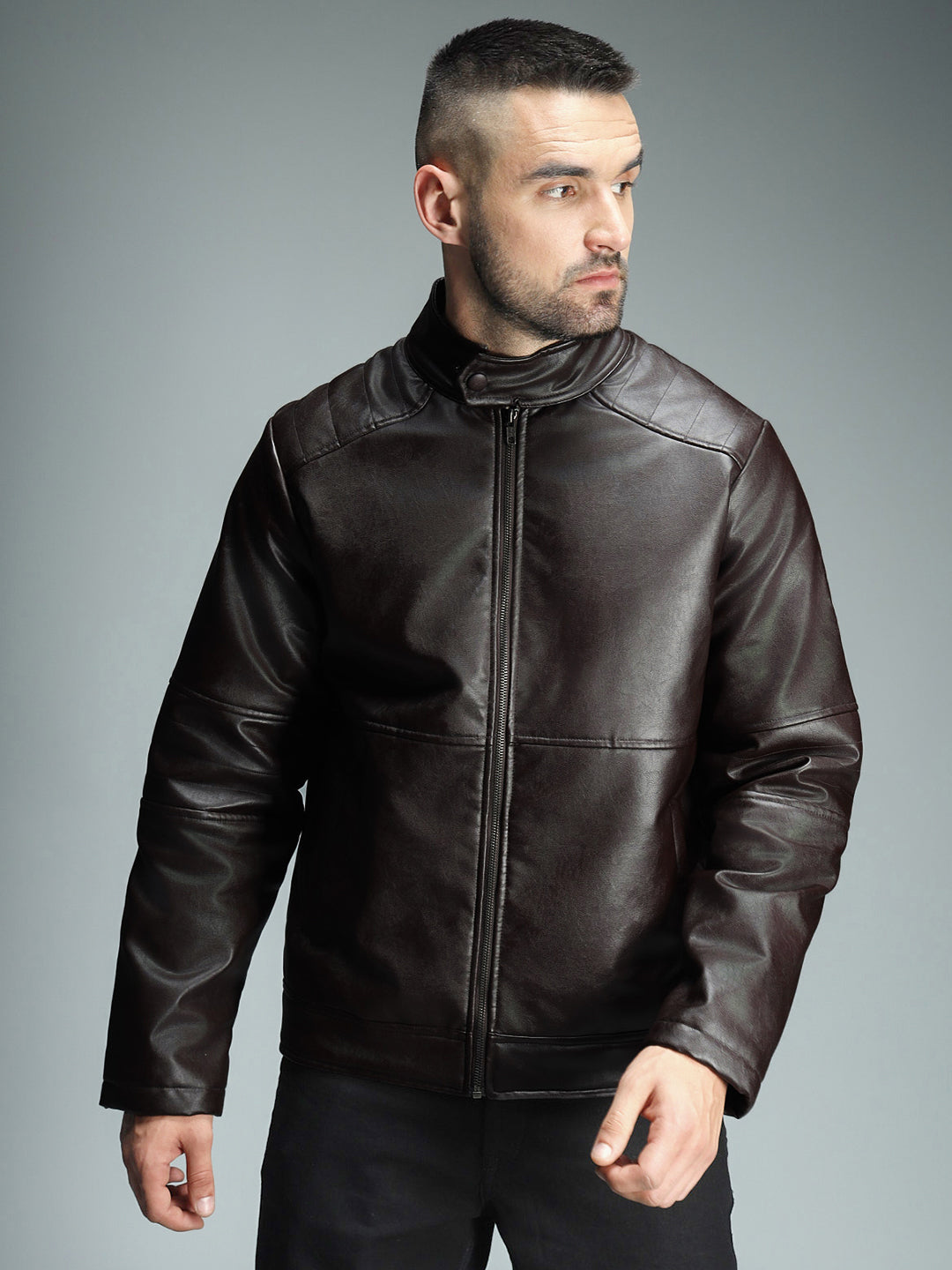 Men Brown Band Collar Biker Jacket