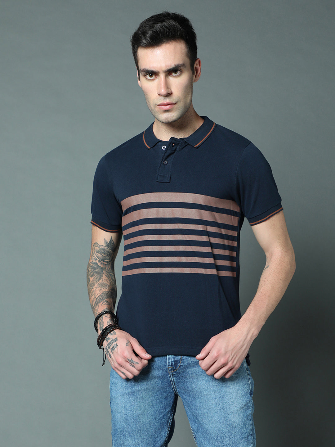 Striped Polo Collar Pure Cotton T-shirt