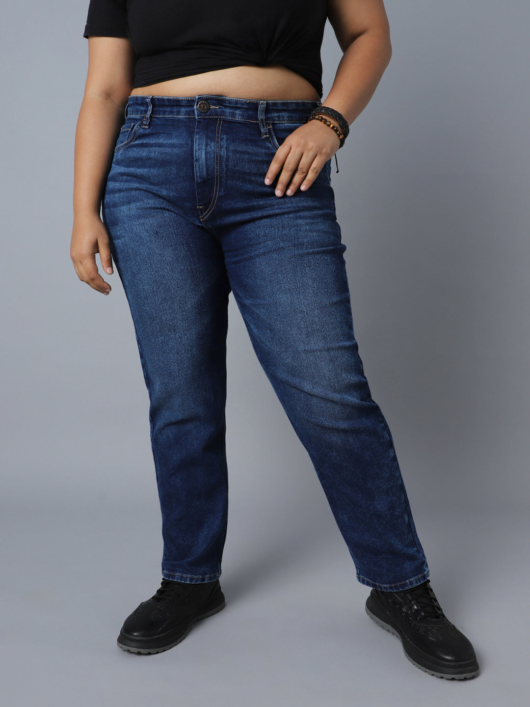 Women Plus Size Straight Fit High-Rise Clean Look Stretchable Jeans