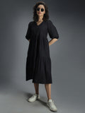 V-Neck Puff Sleeve Gathered Tiered Cotton A-Line Midi Dress