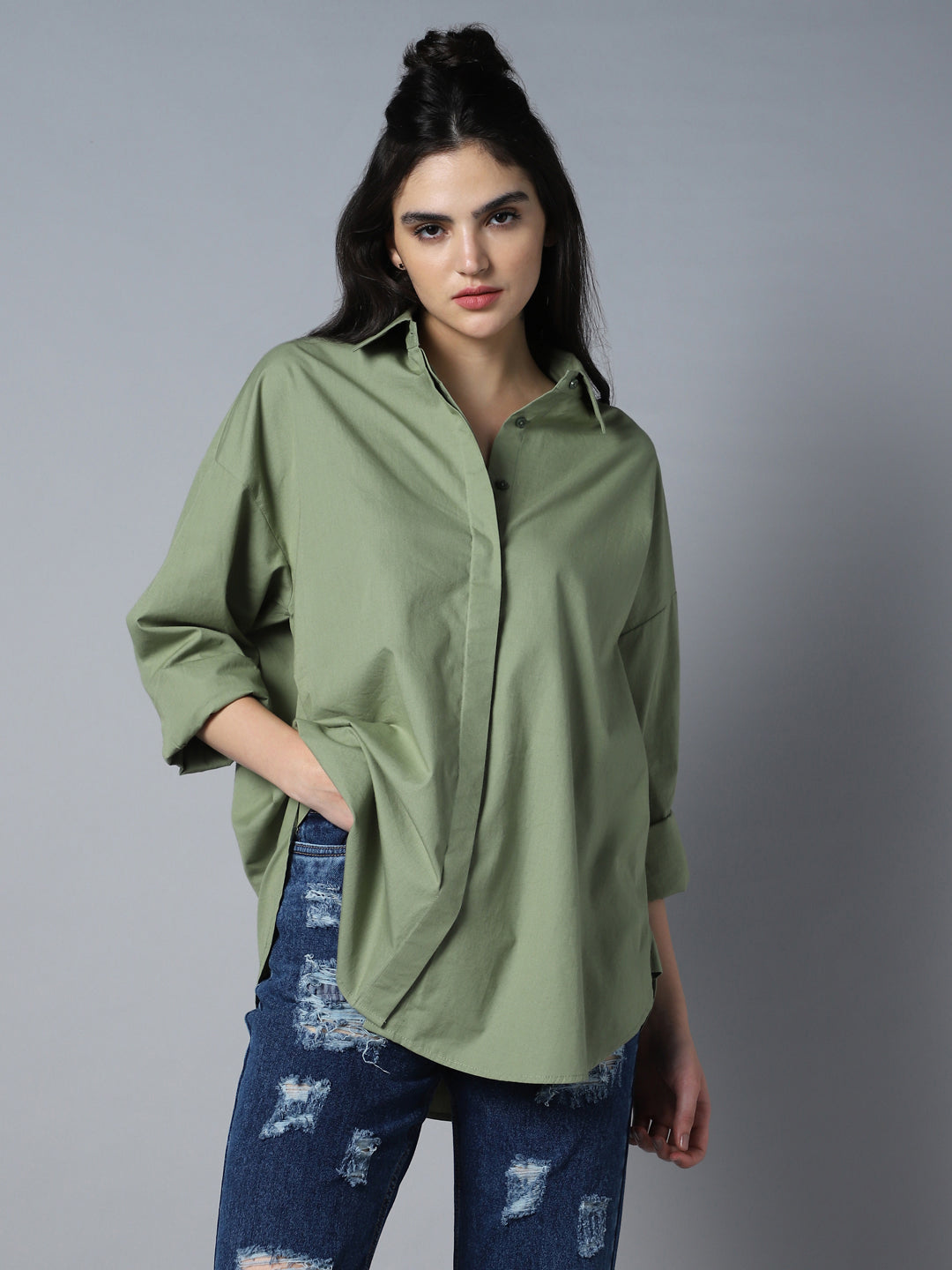 Relaxed Oversized Spread Collar Long Sleeve Cotton Longline Casual Shirt