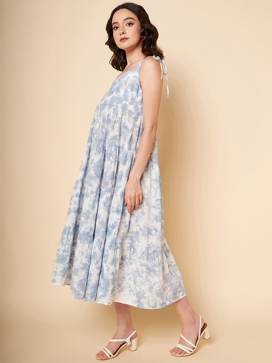 Abstract Printed Shoulder Strap Tiered Pure Cotton A-Line Midi Dress