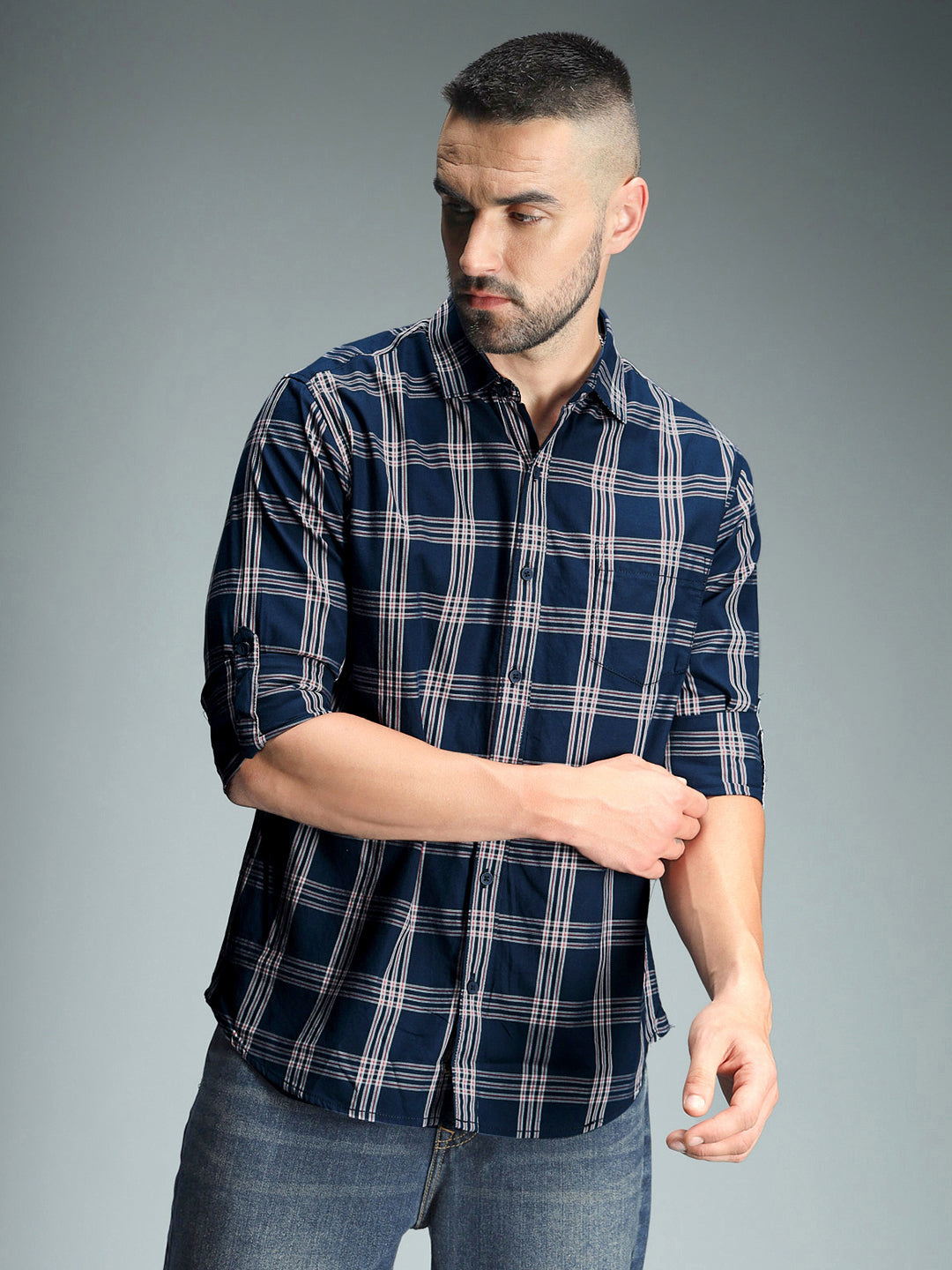 Classic Tartan Checks Spread Collar Long Sleeves Cotton Casual Shirt