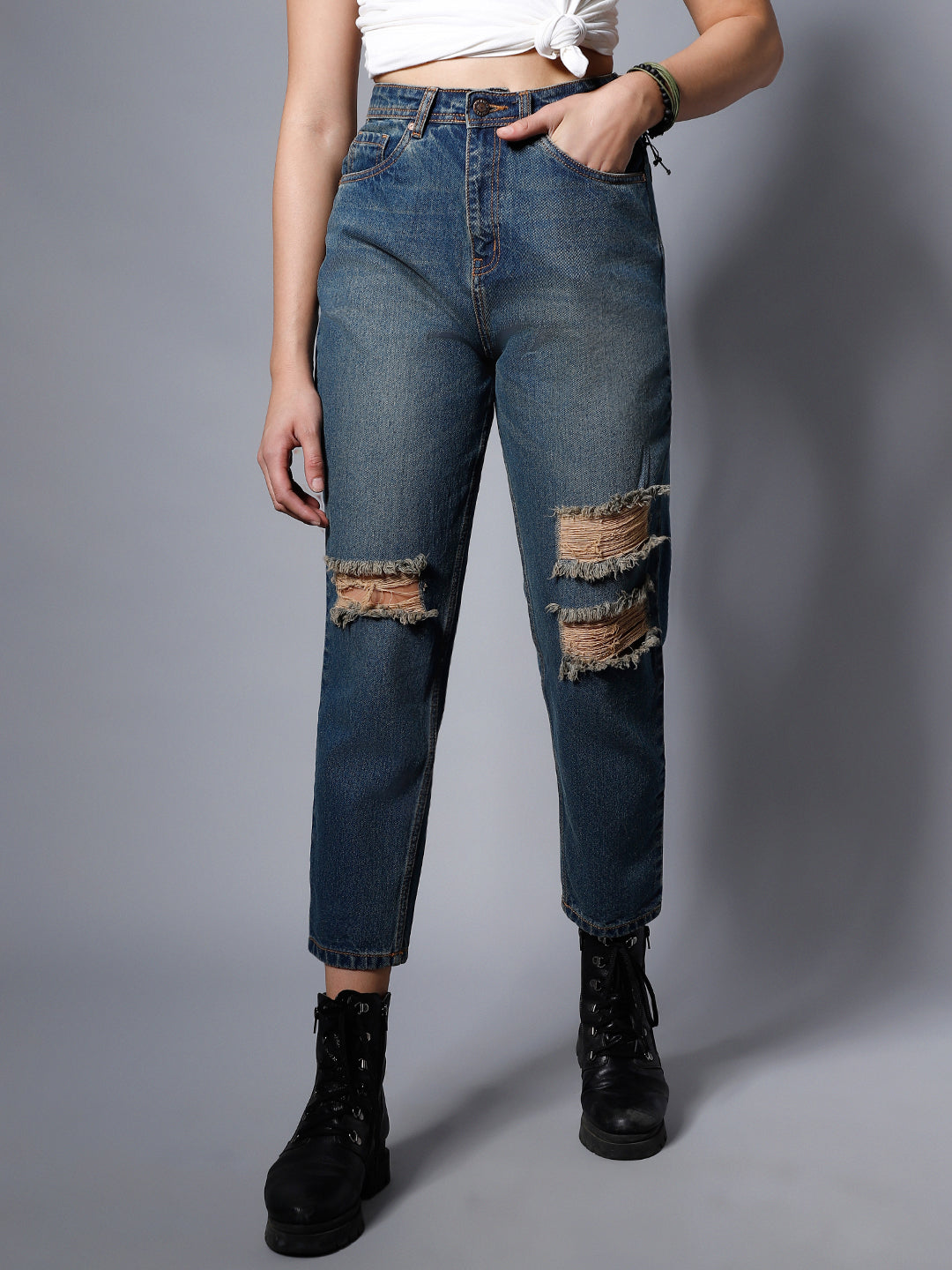 Women Blue High-Rise Highly Distressed Light Fade Jeans