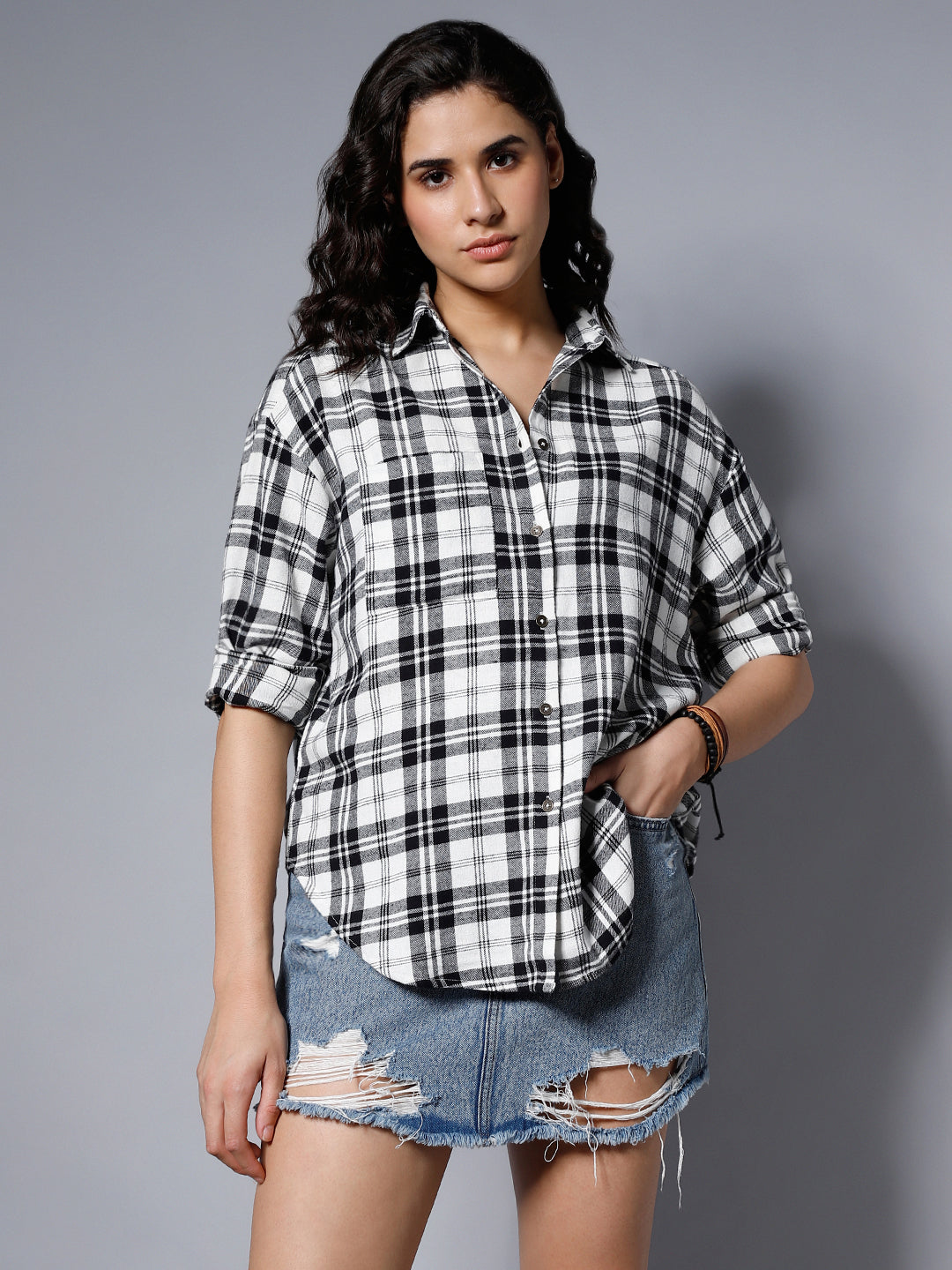 Classic Checked Spread Collar Boxy Fit Pure Cotton Casual Shirt