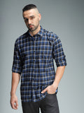 Standard Checked Cotton Spread Collar Curved Casual Shirt