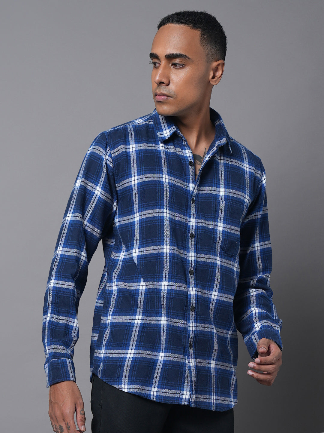 Classic Tartan Checks Spread Collar Long Sleeve Cotton Casual Shirt