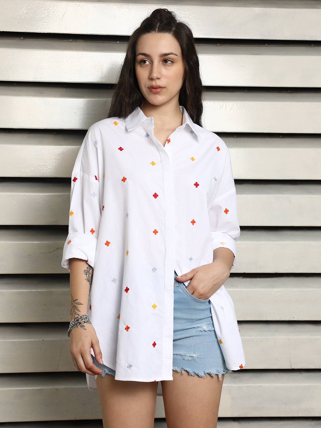 Classic Embroidered Drop Shoulder Sleeves Cotton Oversized Casual Shirt