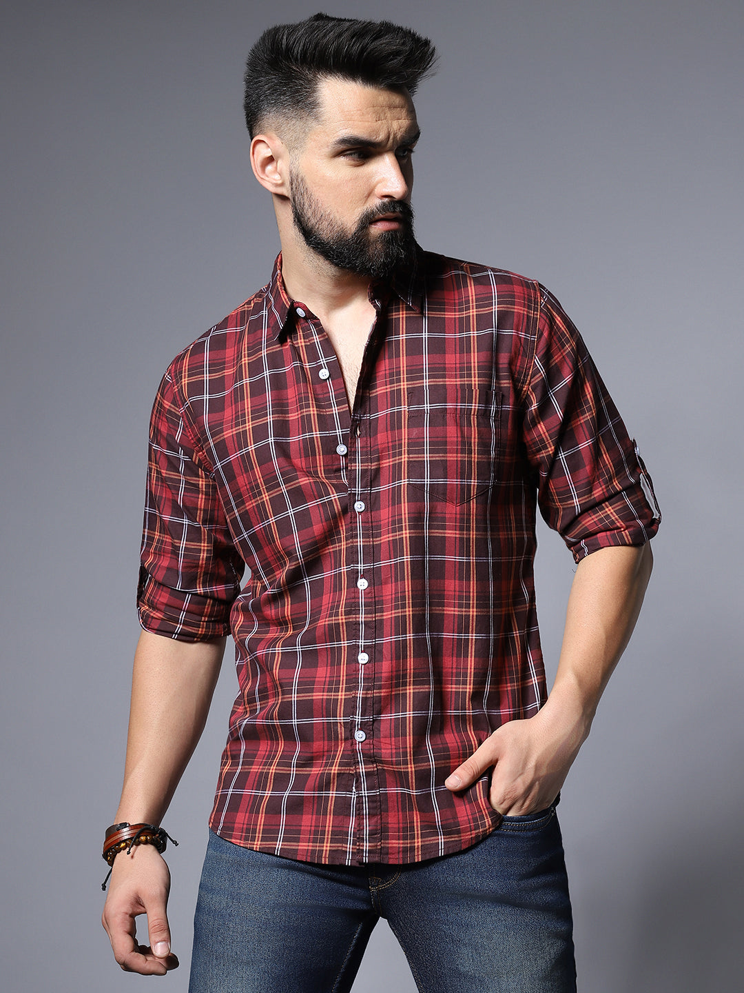 Classic Checked Roll-Up Sleeves Casual Pure Cotton Shirt