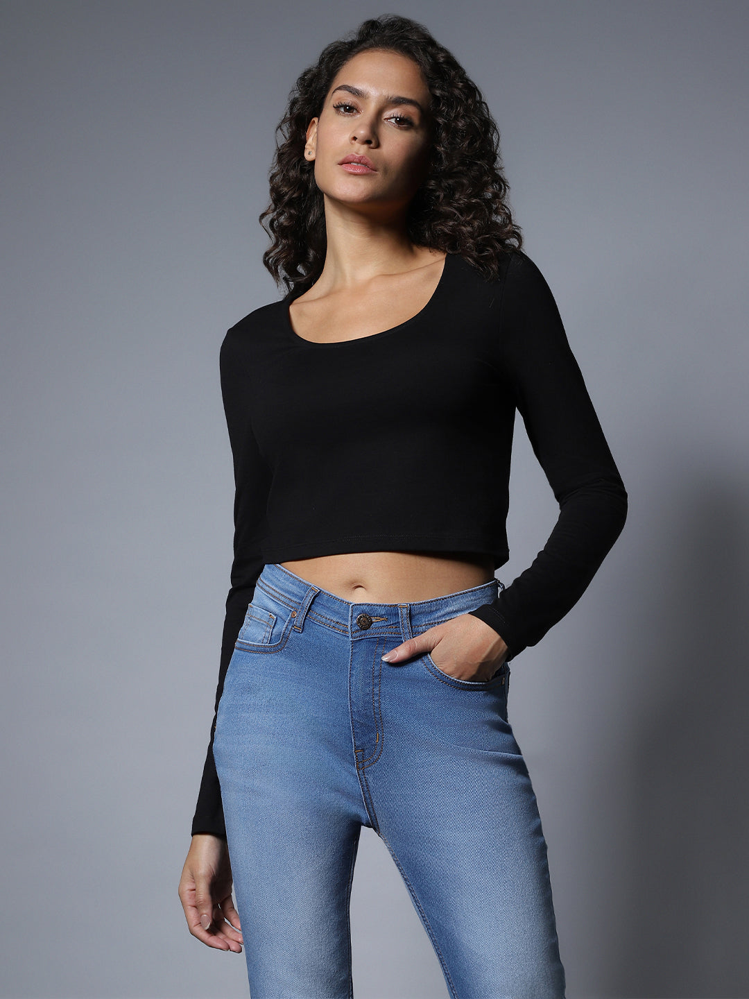 Solid  Square Neck Full Sleeves Top