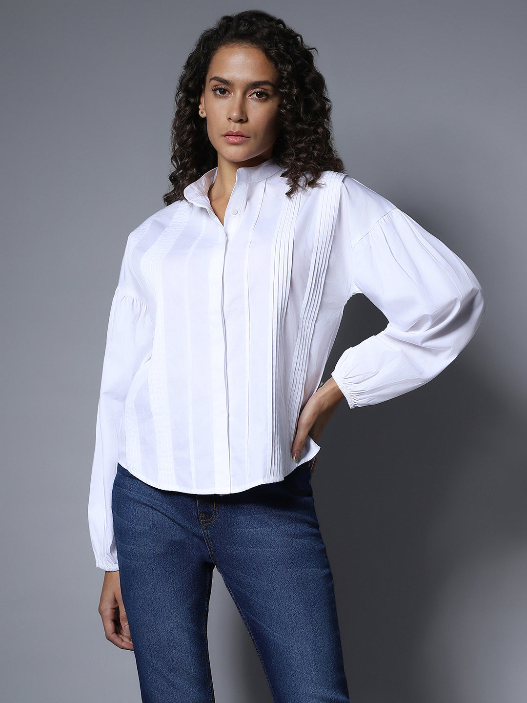 Cotton Mandarin Collar Long Sleeves Solid Boxy Regular Shirt