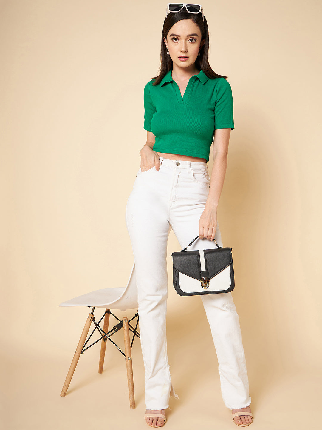 Shirt Collar Short Sleeves Pure Cotton Crop Fitted Top