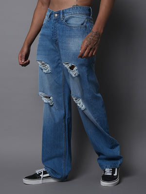 Men Wide Leg Mid-Rise Highly Distressed Light Fade Cotton Jeans