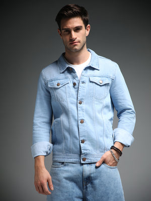 Washed Spread Collar Long Sleeves Cotton Denim Jacket