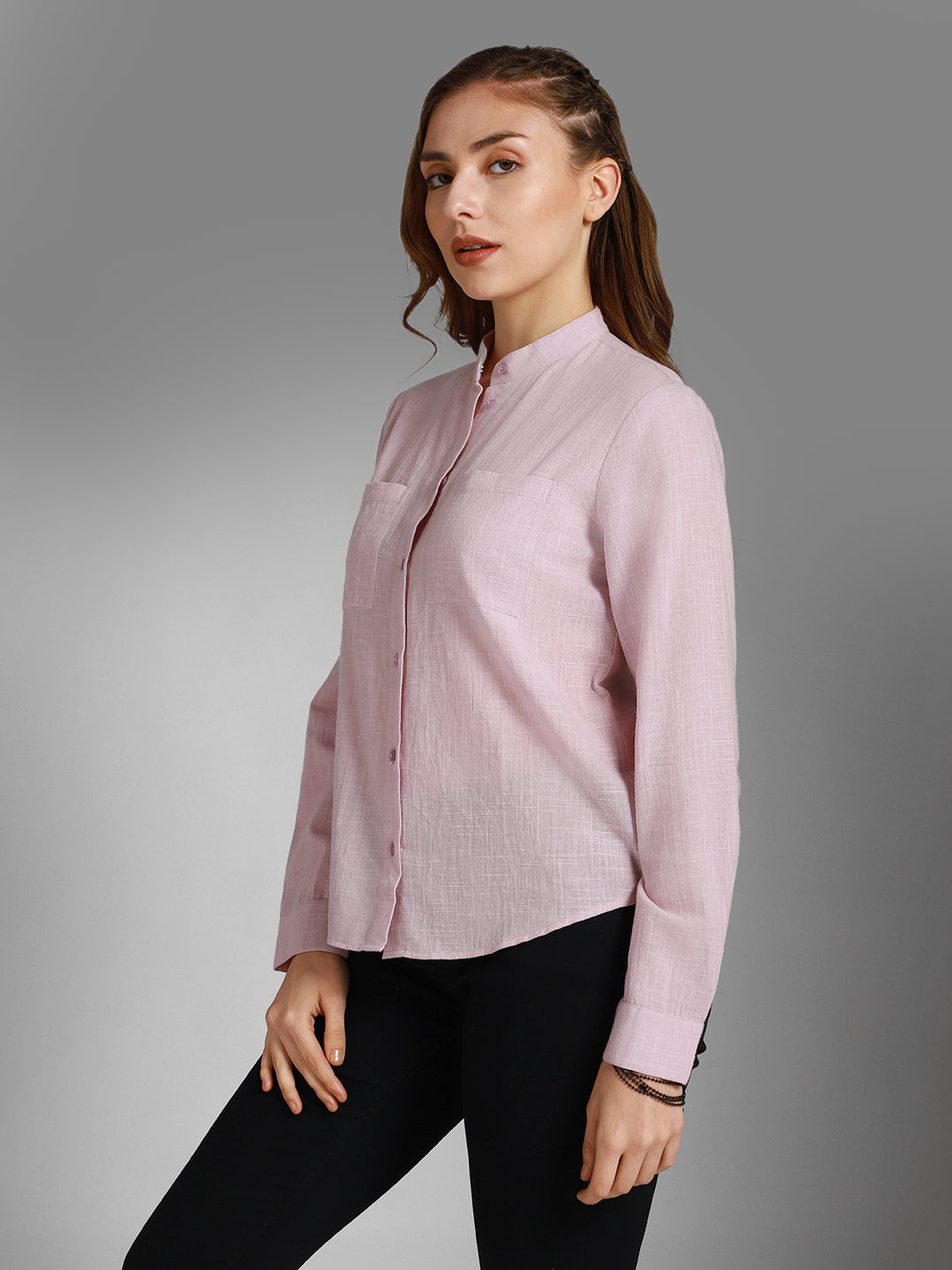 Classic Mandarin Collar Long Sleeves Cotton Casual Shirt