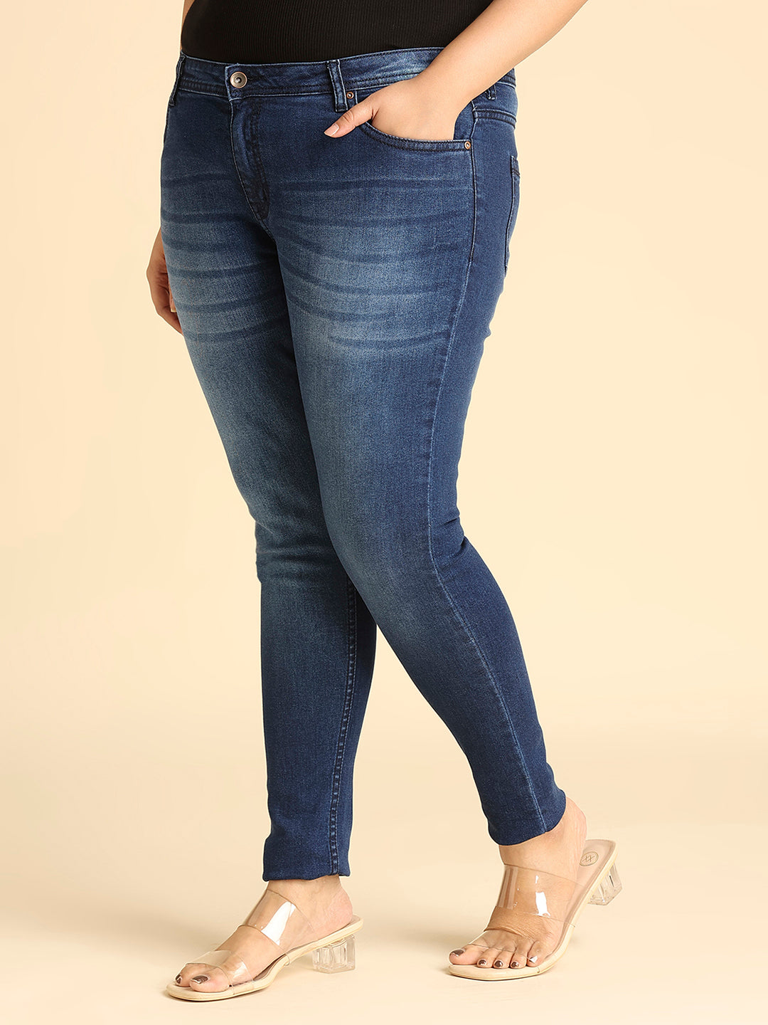 Women Plus Size Blue Slim Fit Heavy Fade Stretchable Jeans