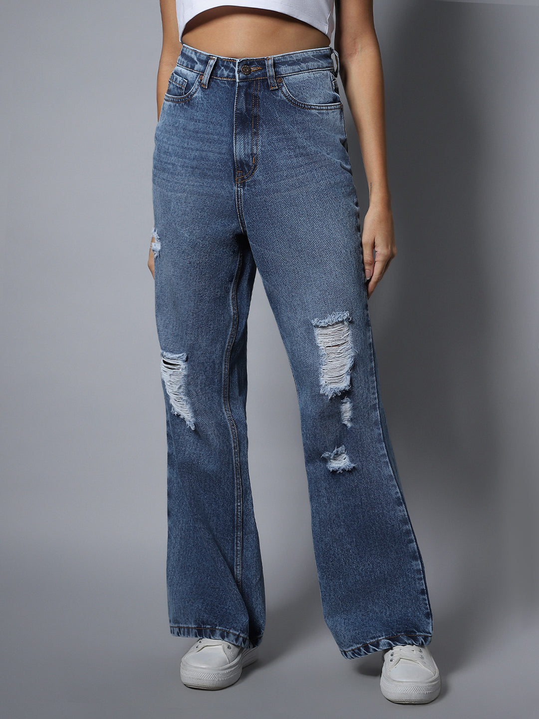 Non Stretch Flare Fit High Distress Jeans