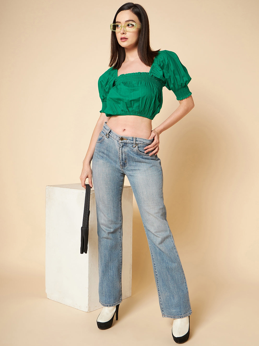 Square Neck Puff Sleeves Pure Cotton Crop Blouson Top