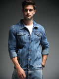 Washed Spread Collar Long Sleeves Cotton Denim Jacket