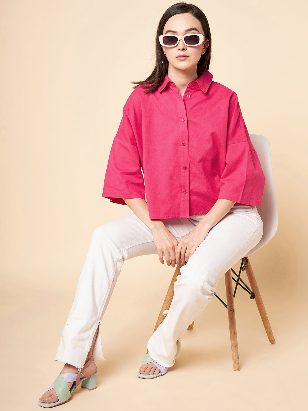 oversized solid cotton pink casual shirt