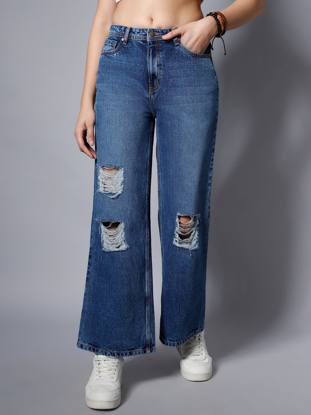 Women Wide Leg Mid-Rise Highly Distressed Light Fade Whiskers Pure Cotton Jeans