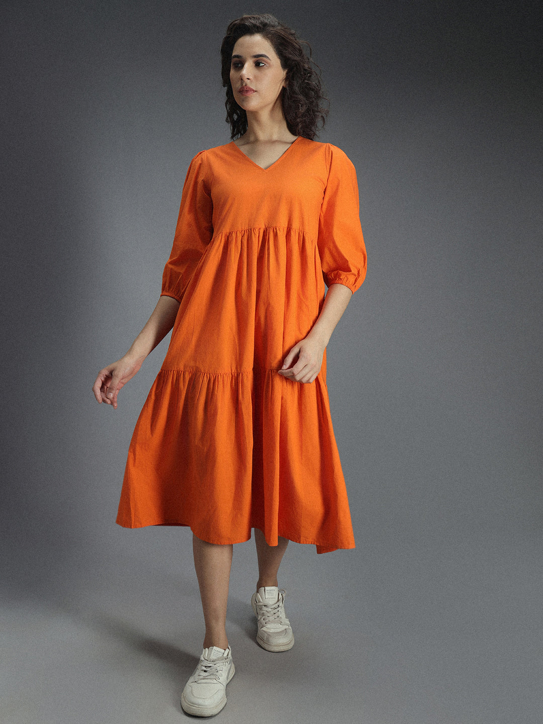 V-Neck Puff Sleeve Gathered Tiered Cotton A-Line Midi Dress