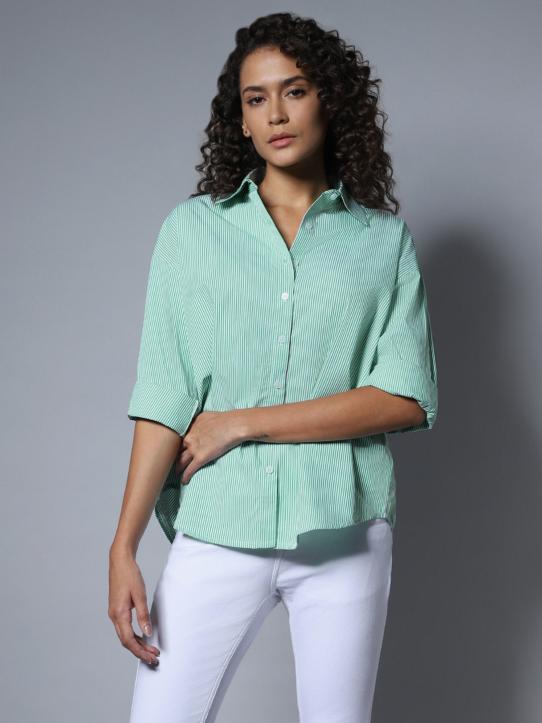 Solid Cotton Spread Collar Long Sleeves Boxy Longline Shirt