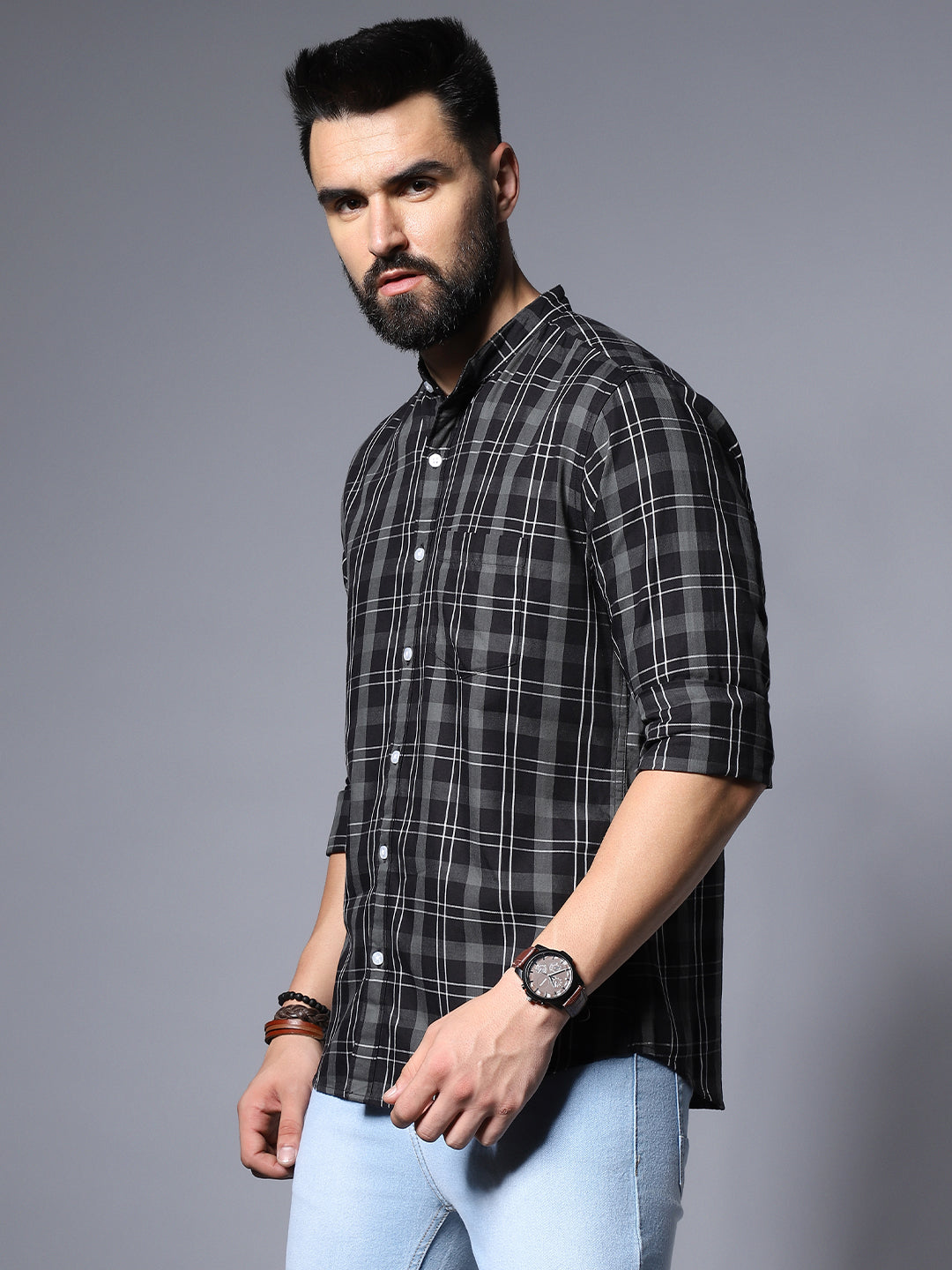 Checked Spread Collar Cotton Casual Shirt