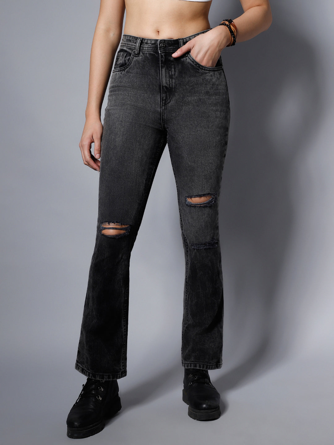 Women Black Bootcut High-Rise Slash Knee Light Fade Stretchable Jeans