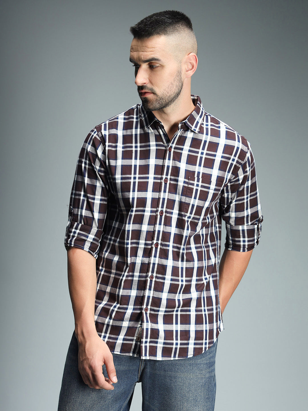 Classic Tartan Checks Spread Collar Long Sleeves Cotton Casual Shirt