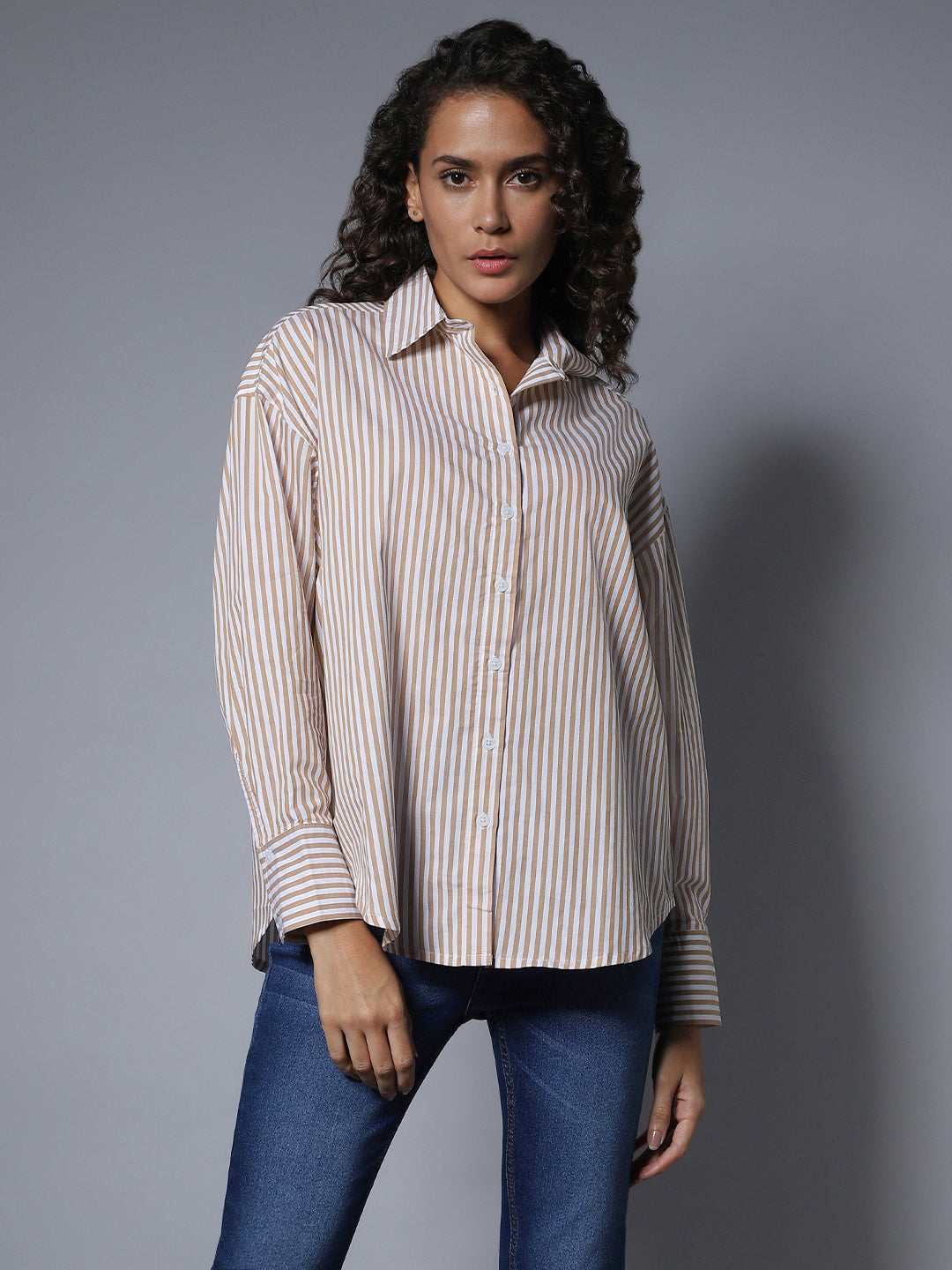 Classic Boxy Vertical Striped Spread Collar Long Sleeve Cotton Casual Shirt