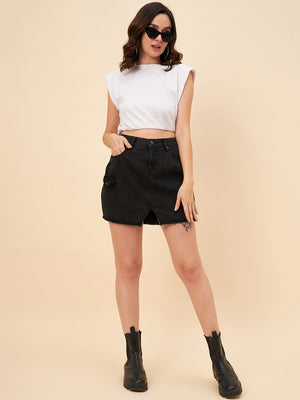 Distressed A-Line Mini Denim Skirt